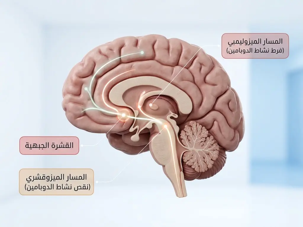 رسم طبي للمسارات الدوبامينية في الدماغ وعلاقتها بأعراض الفصام