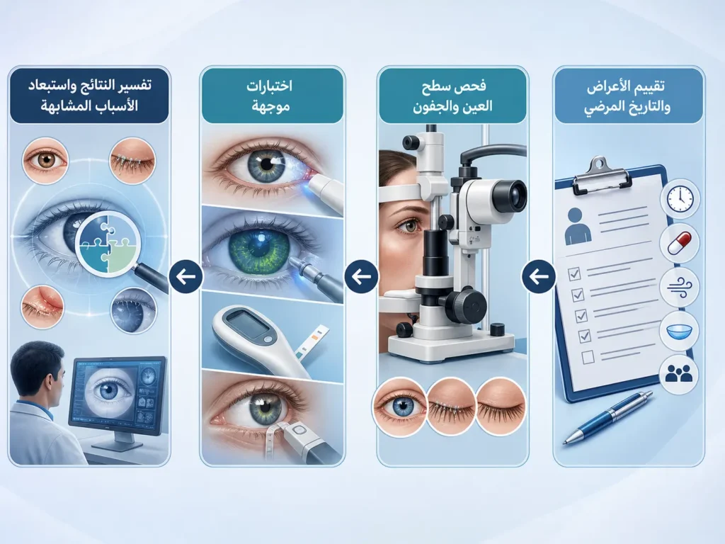 إنفوغرافيك يوضح مراحل تقييم جفاف العين من مراجعة الأعراض والتاريخ المرضي إلى الفحص والاختبارات وتفسير النتائج.
