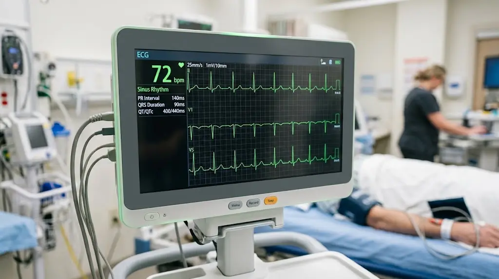 جهاز تخطيط كهربائية القلب يعرض نبضاً طبيعياً في بيئة طبية نظيفة