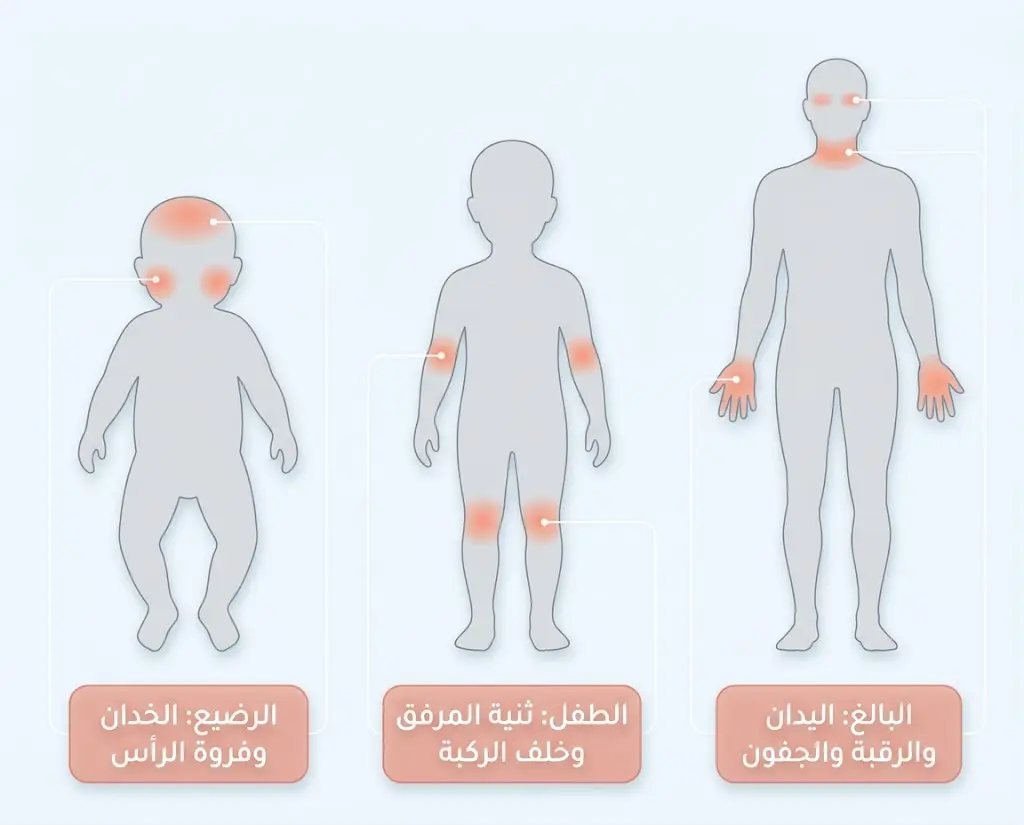 إنفوغرافيك يوضح اختلاف أماكن ظهور الأكزيما حسب الفئة العمرية من الرضيع إلى البالغ