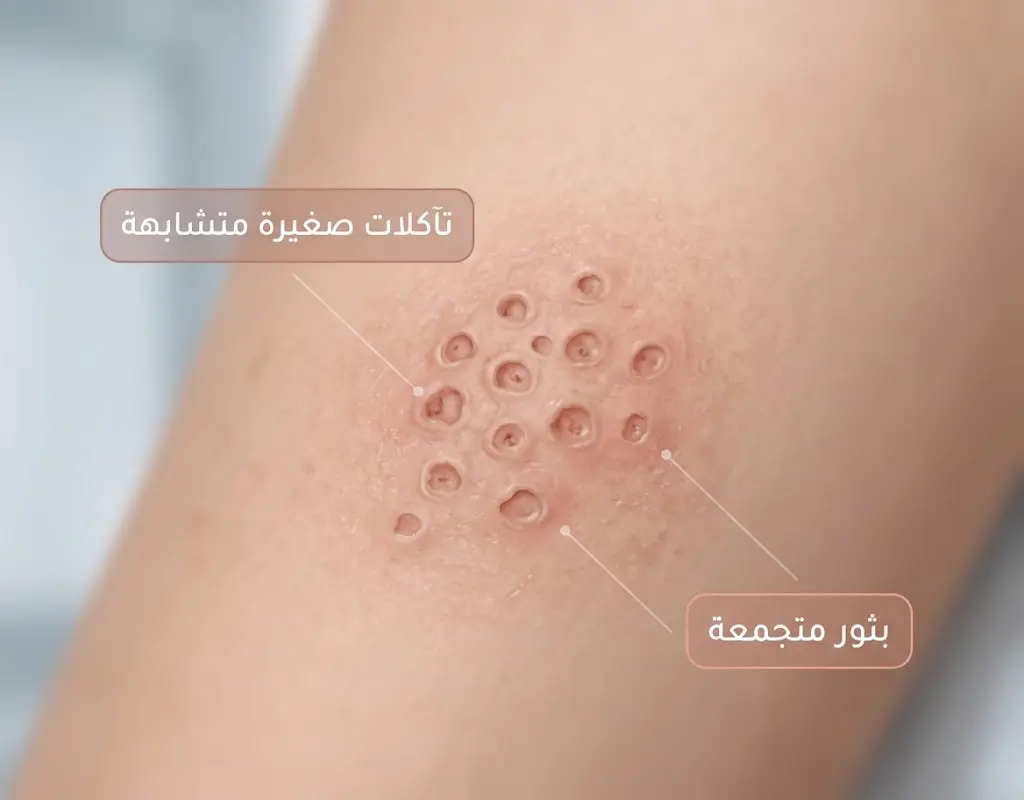 رسم طبي توضيحي للعلامات المميزة للإكزيما الهربسية وهي حالة طارئة