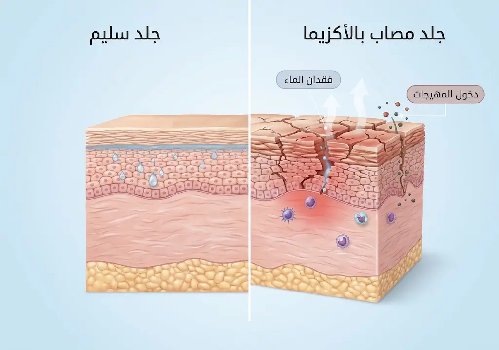 رسم توضيحي يقارن بين طبقات الجلد السليم والجلد المصاب بالأكزيما وضعف الحاجز الجلدي