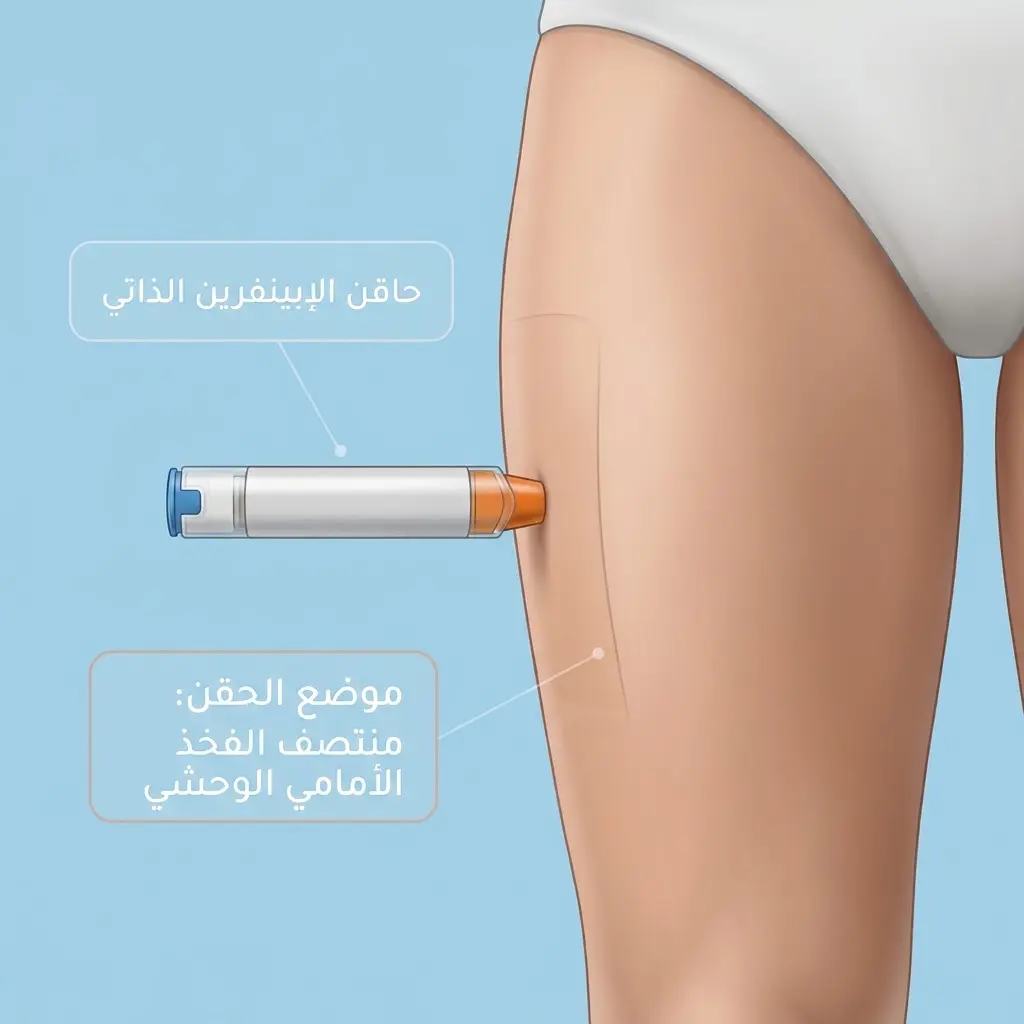رسم طبي يوضح الموضع التشريحي الصحيح لحقن الإبينفرين الذاتي في منتصف الفخذ الأمامي الوحشي عند الاشتباه بالتأق