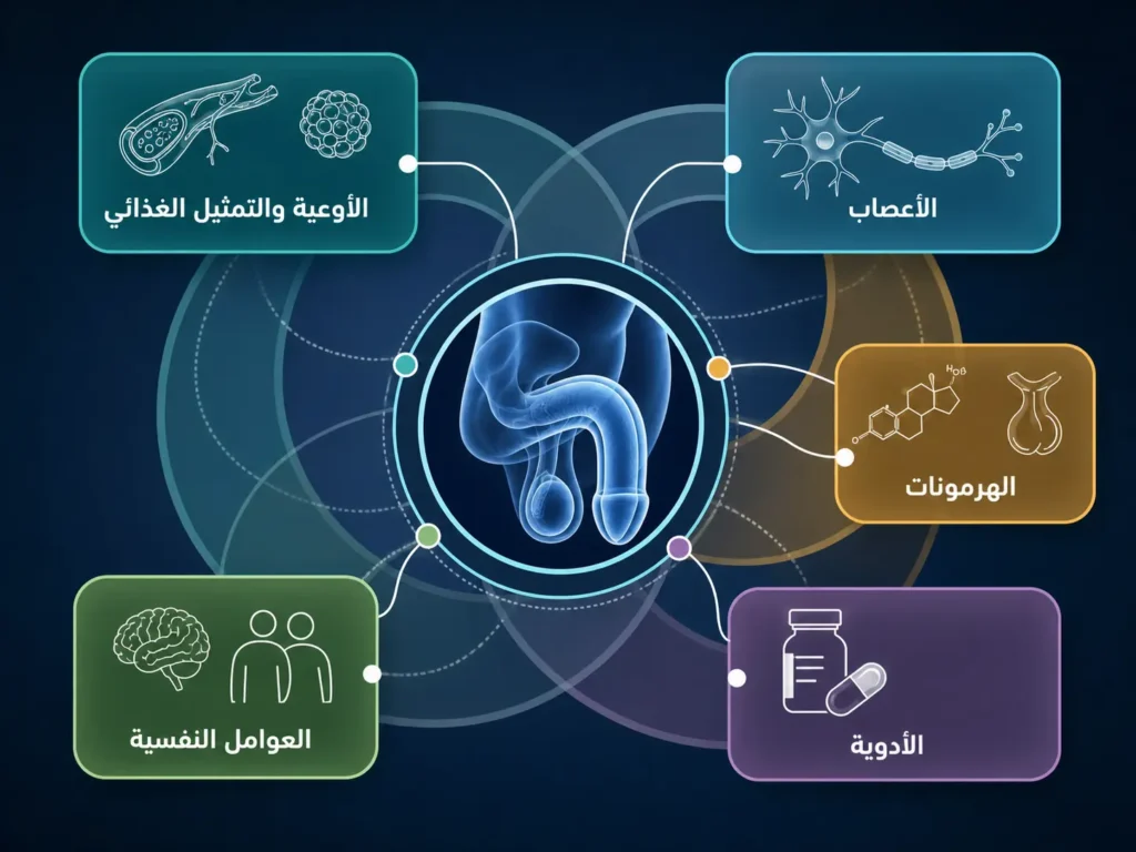 مخطط يوضح المسارات الوعائية والعصبية والهرمونية والدوائية والنفسية التي قد تسهم في ضعف الانتصاب.