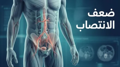 رسم طبي توضيحي هادئ لجذع رجل مع إبراز رمزي للدورة الدموية في منطقة الحوض، وعنوان ضعف الانتصاب.