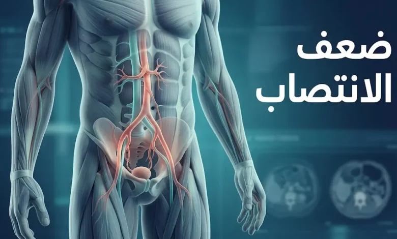 رسم طبي توضيحي هادئ لجذع رجل مع إبراز رمزي للدورة الدموية في منطقة الحوض، وعنوان ضعف الانتصاب.