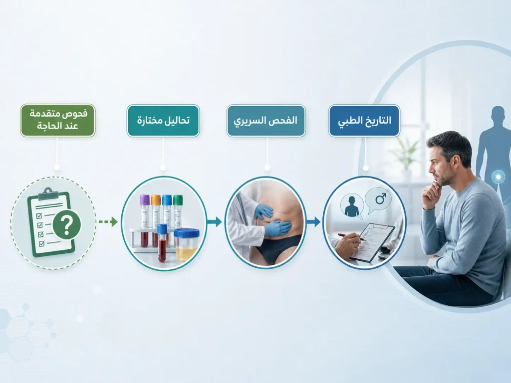 مخطط يوضح مراحل تقييم ضعف الانتصاب من التاريخ الطبي والفحص السريري إلى التحاليل والفحوص المتقدمة عند الحاجة.