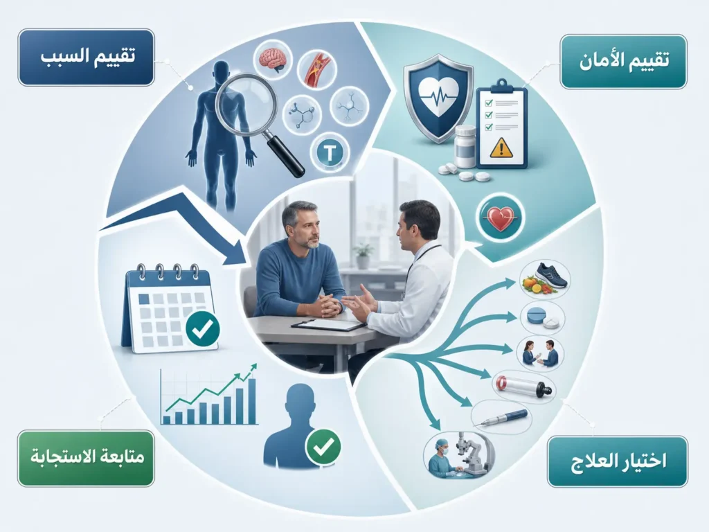 مخطط يوضح تقييم سبب ضعف الانتصاب وسلامة الخيارات العلاجية ثم اختيار الخطة ومتابعة الاستجابة.