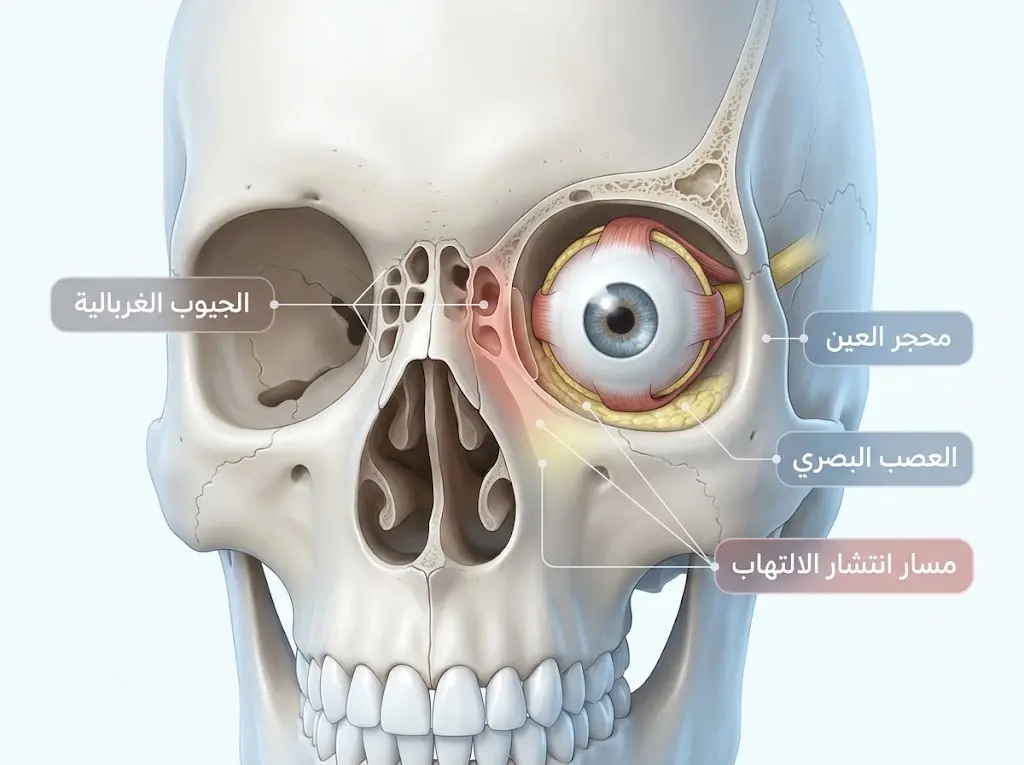  رسم تشريحي يوضح قرب الجيوب الغربالية من محجر العين ومسار انتشار المضاعفات
