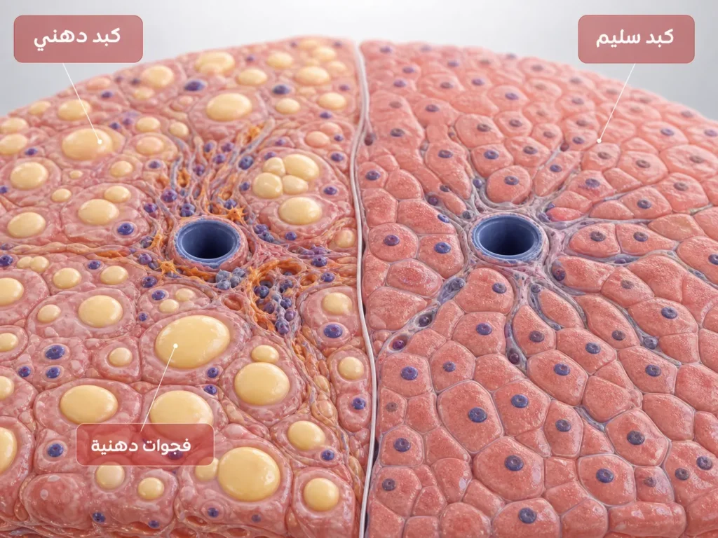 مقارنة نسيجية بين خلايا الكبد السليم والكبد الدهني على المستوى الخلوي