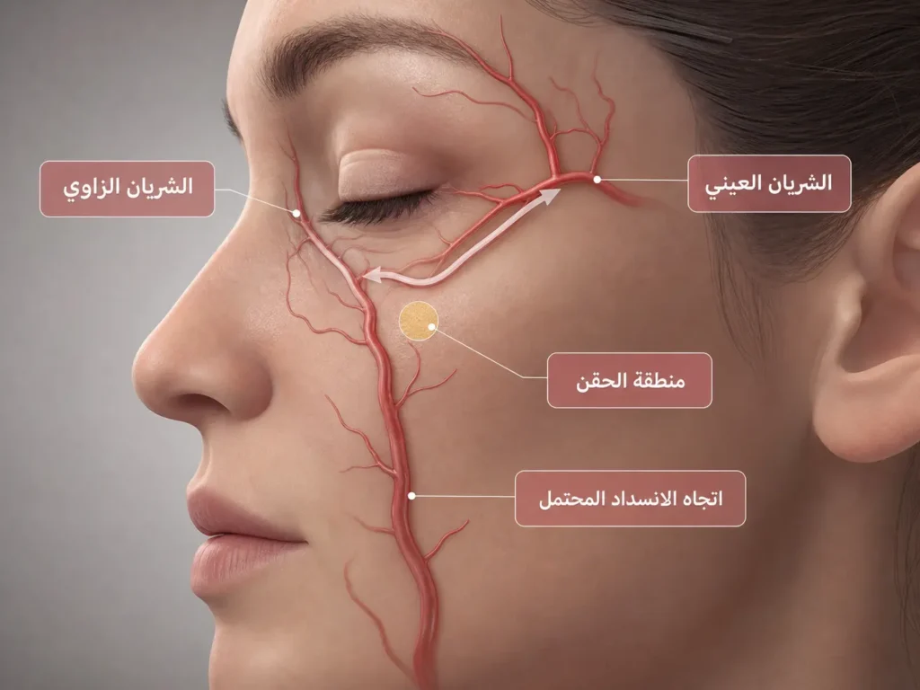 رسم تشريحي يوضح مسار الأوعية الدموية الخطرة عند حقن الفيلر تحت العين