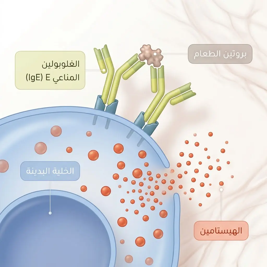 رسم علمي يوضح آلية تفاعل الحساسية الغذائية عبر ارتباط الغلوبولين المناعي IgE بالخلايا البدينة وإطلاق الهيستامين