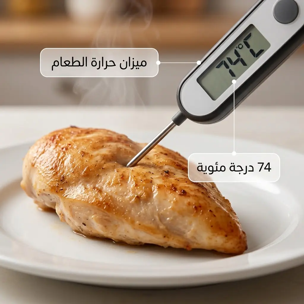 صورة توضح استخدام ميزان حرارة الطعام للتأكد من وصول اللحم إلى درجة حرارة آمنة
