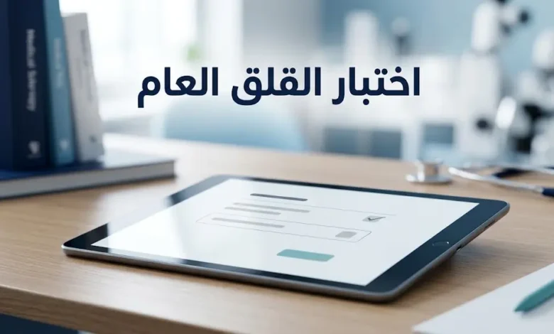 غلاف توضيحي لاختبار القلق العام على جهاز لوحي في مساحة هادئة بتصميم طبي عصري. نسخ