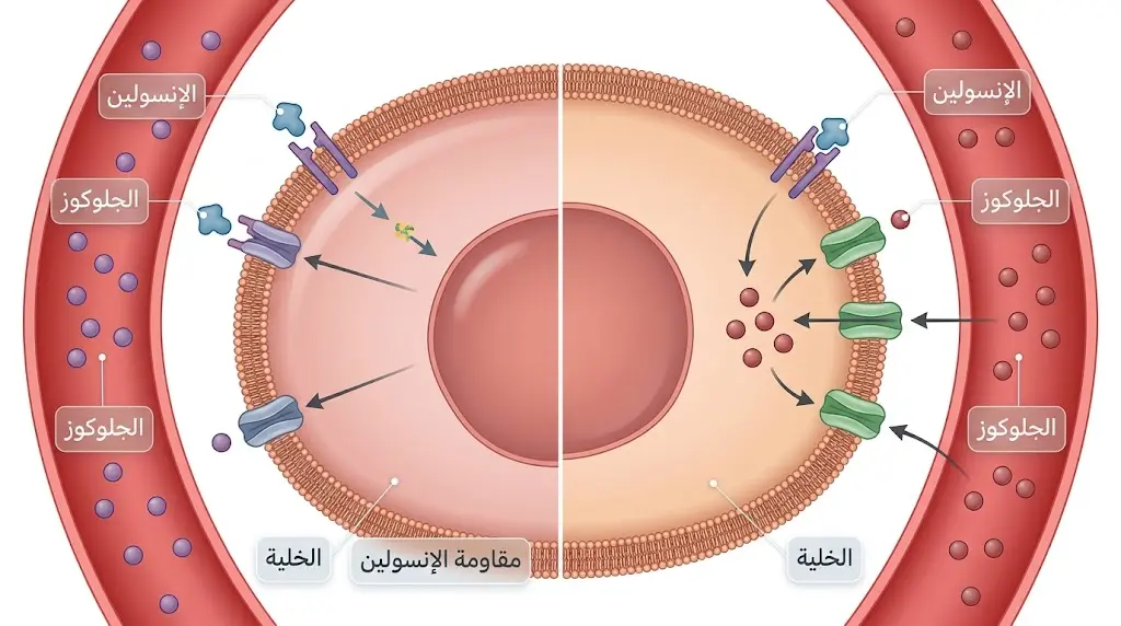 مقارنة طبية بين استخدام الجلوكوز الطبيعي ومقاومة الإنسولين داخل الخلايا.