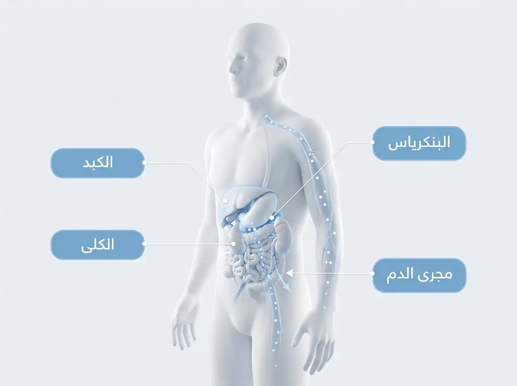 رسم توضيحي لمسار الغلوكوز من الدم إلى البنكرياس والكبد والكلى
