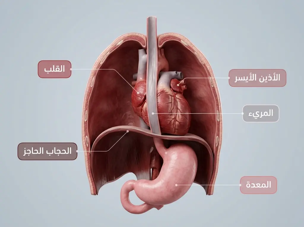 رسم تشريحي يوضح العلاقة بين المريء والقلب والحجاب الحاجز والمعدة