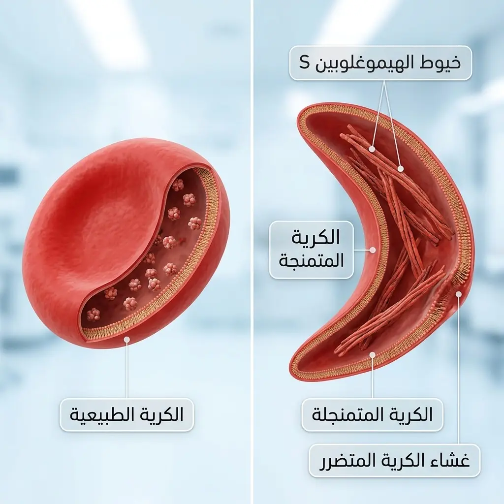 رسم توضيحي لآلية تبلمر الهيموغلوبين S داخل كرية الدم الحمراء وتحولها إلى الشكل المنجلي