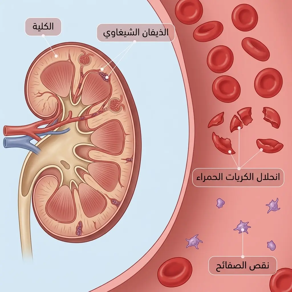رسم توضيحي يبين تأثير متلازمة انحلال الدم اليوريمية على الكلية وخلايا الدم
