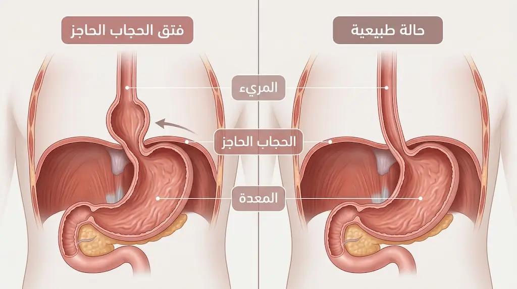 مقارنة بين المعدة في وضعها الطبيعي وحالة فتق الحجاب الحاجز