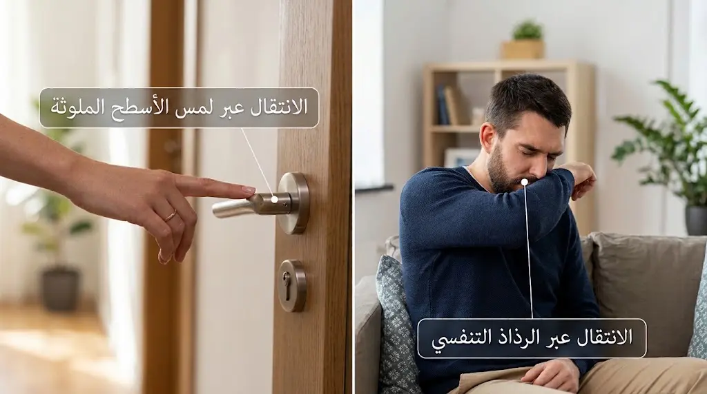 توضيح طريقتي انتقال عدوى الزكام عبر الرذاذ التنفسي ولمس الأسطح