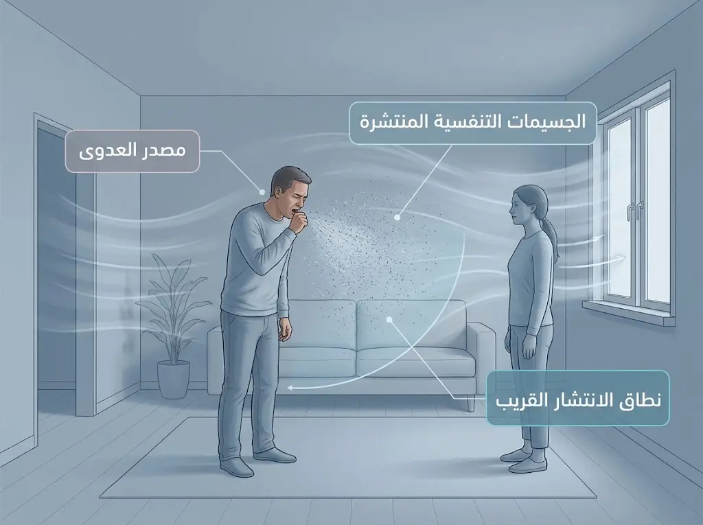 رسم توضيحي علمي لانتشار الجسيمات التنفسية الناقلة لفيروس الإنفلونزا داخل غرفة مغلقة