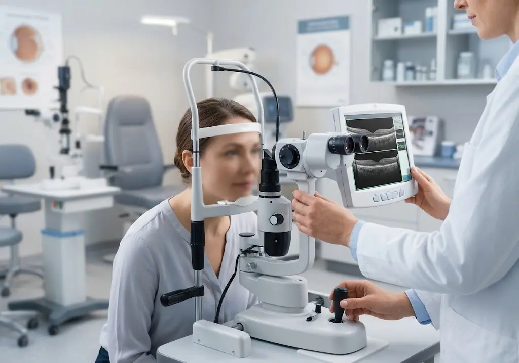 فحص الشبكية الدوري بجهاز التصوير المقطعي للترابط البصري لمتابعة سلامة العين أثناء العلاج بالهيدروكسي كلوروكين