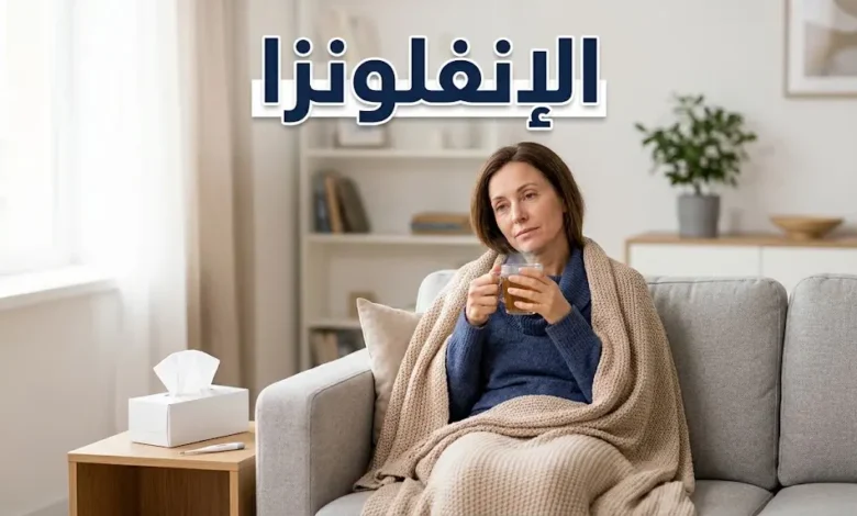 شخص بالغ يرتاح في المنزل أثناء إصابته بالإنفلونزا مع كوب شاي دافئ ومنديل وترمومتر