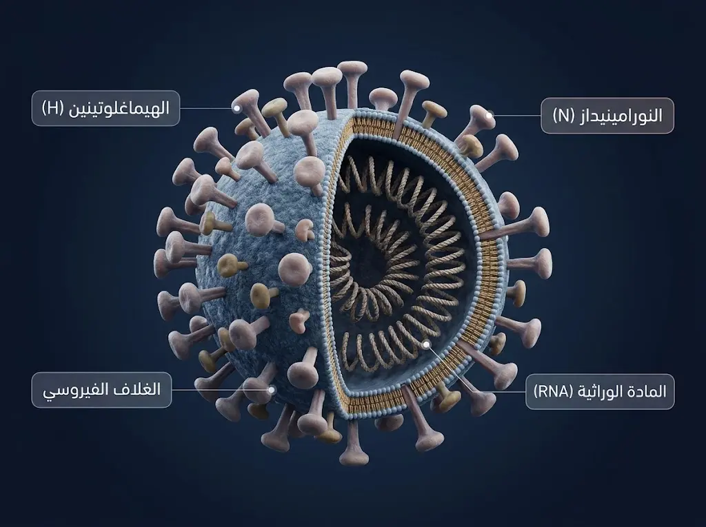 رسم علمي ثلاثي الأبعاد لبنية فيروس الإنفلونزا موضحًا بروتيني الهيماغلوتينين والنورامينيداز