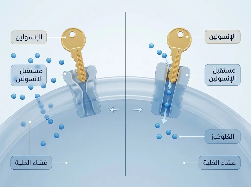رسم توضيحي لآلية عمل الإنسولين مقارنة بمقاومة الإنسولين على غشاء الخلية