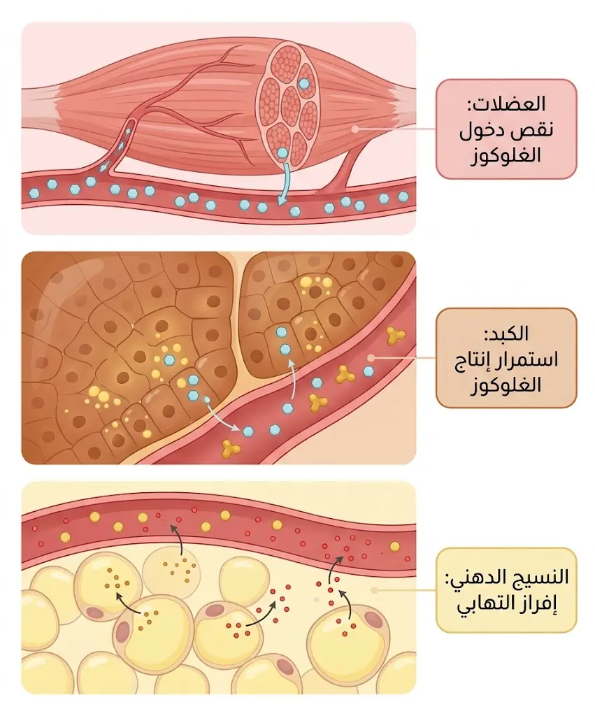 رسم بياني طبي يوضح استجابة العضلات والكبد والنسيج الدهني المتفاوتة لمقاومة الإنسولين.