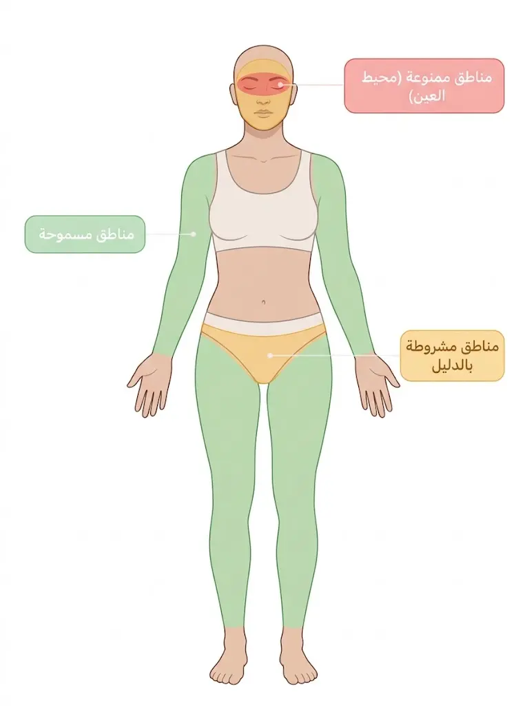 خريطة جسدية توضح المناطق المسموحة والمشروطة والممنوعة عند استخدام جهاز IPL