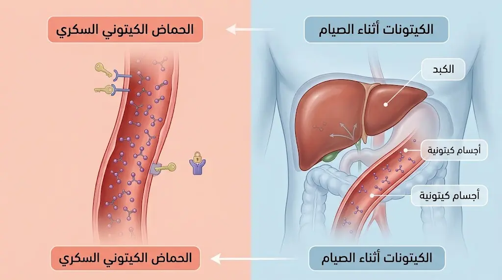 رسم طبي يوضح الفرق بين إنتاج الكيتونات أثناء الصيام والحماض الكيتوني السكري.