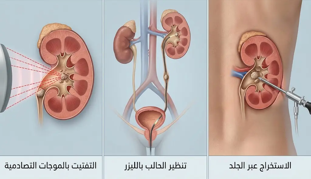 رسم توضيحي ثلاثي يقارن بين تقنيات علاج حصى الكلى: الموجات التصادمية، تنظير الحالب بالليزر، الاستخراج عبر الجلد
