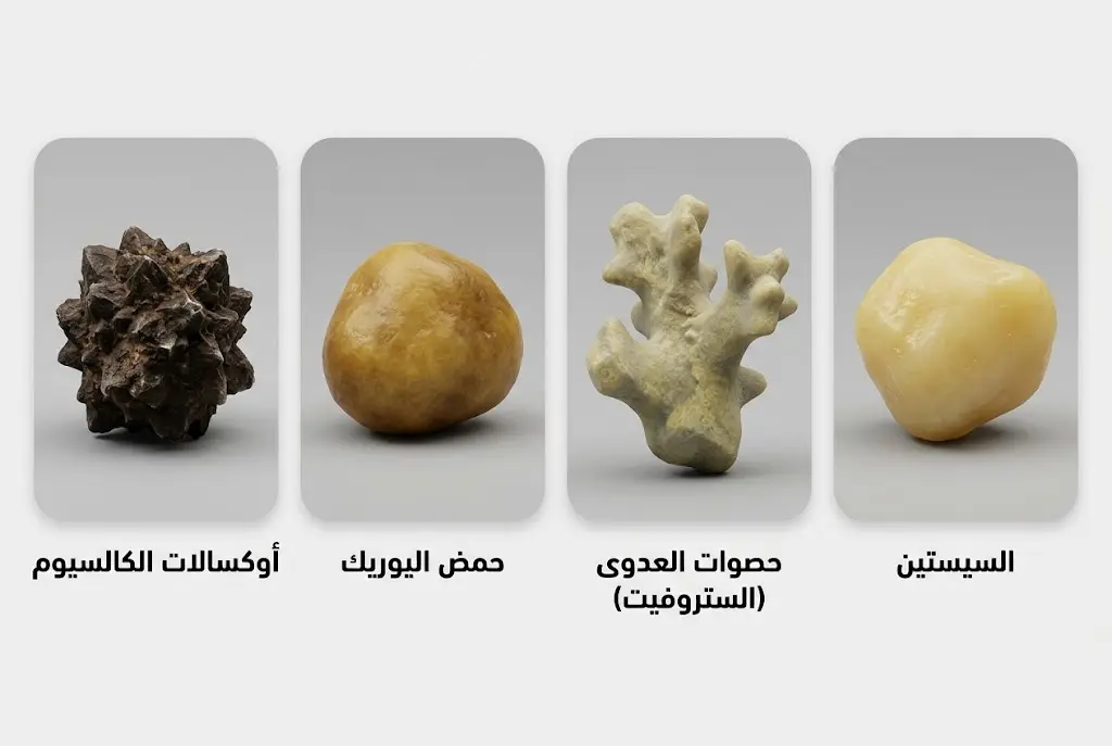 إنفوغرافيك مقارن يوضح الأشكال المختلفة لأنواع حصى الكلى الأربعة الرئيسة
