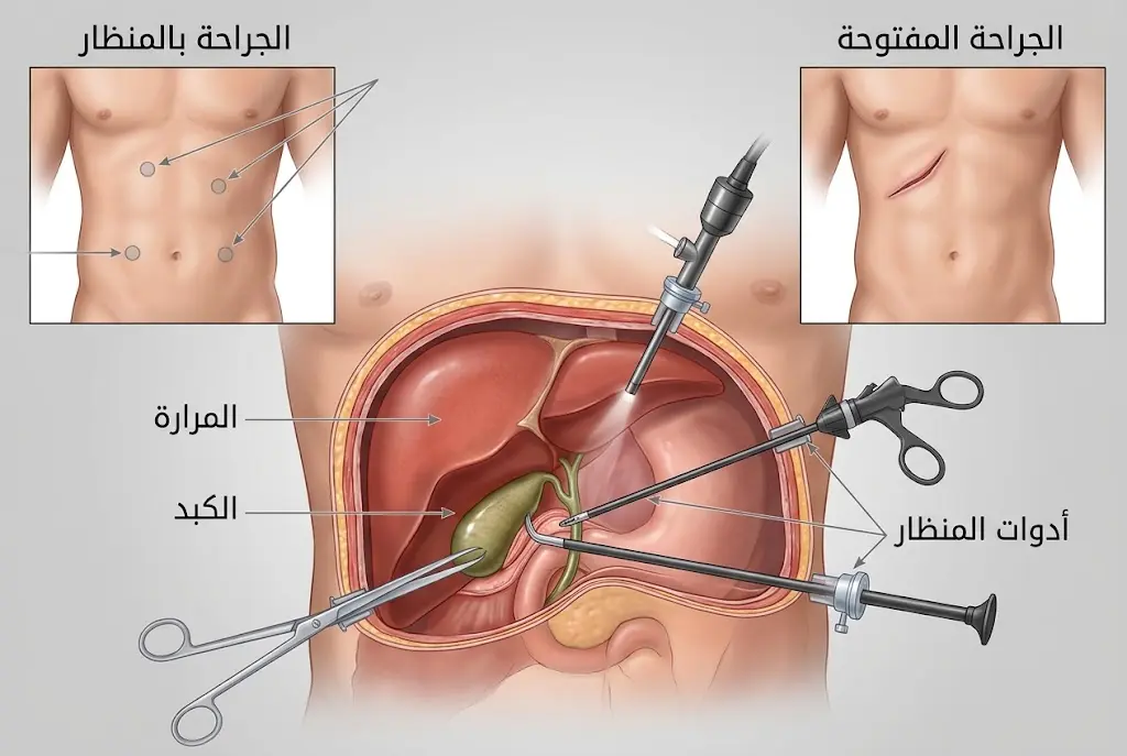 رسم ثلاثي الأبعاد يوضح خطوات استئصال المرارة بالمنظار من خلال فتحات صغيرة في البطن