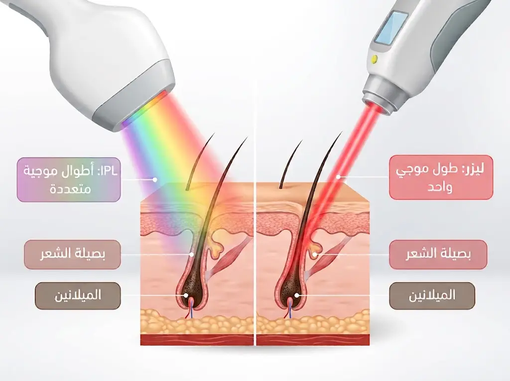 رسم توضيحي يقارن بين شعاع الليزر أحادي الطول الموجي وشعاع الضوء النبضي المكثف IPL
