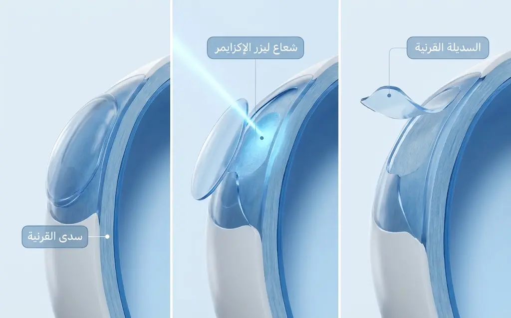 خطوات صنع السديلة وتطبيق ليزر الإكزايمر وإعادة السديلة في عملية الليزك
