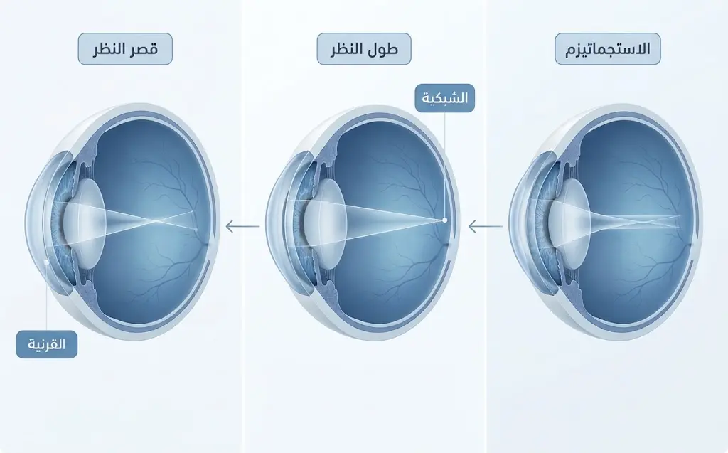 رسم توضيحي علمي يقارن بين قصر النظر وطول النظر والاستجماتيزم وكيفية تصحيحها بالليزك