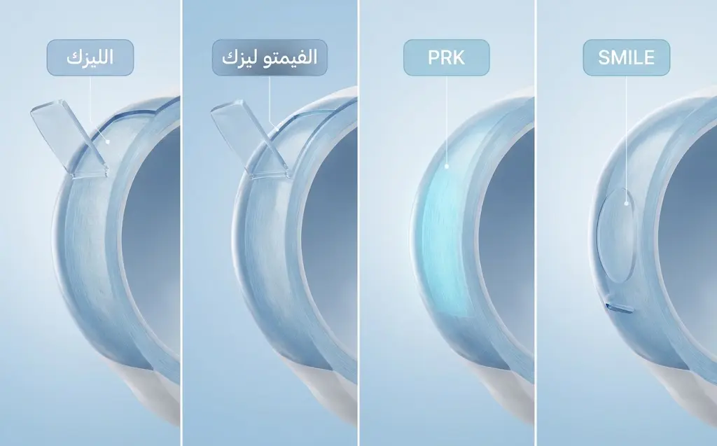 مقارنة تشريحية بين تقنيات تصحيح النظر بالليزر الأربع الليزك والفيمتو ليزك وPRK وSMILE
