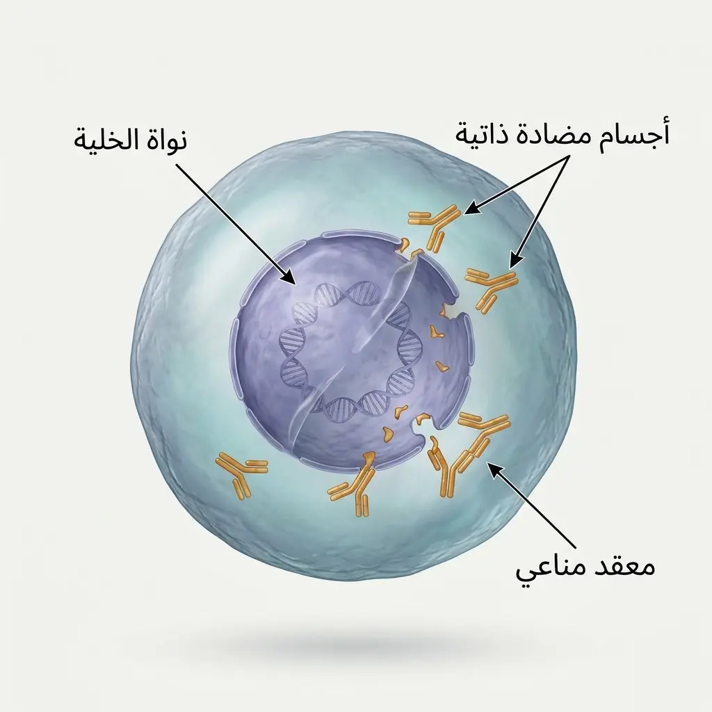 رسم توضيحي لآلية هجوم الأجسام المضادة الذاتية على نواة الخلية في الذئبة الحمامية الجهازية