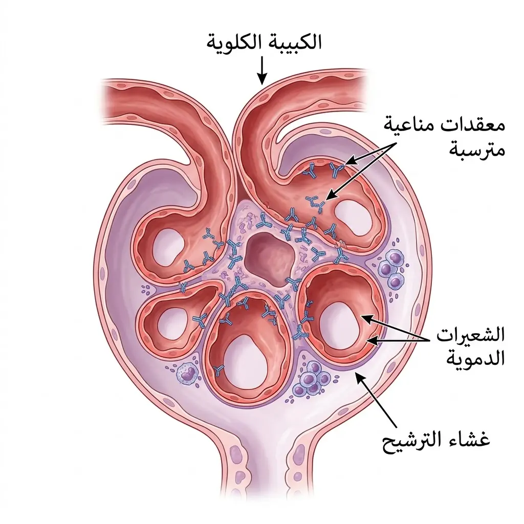 رسم توضيحي علمي لآلية ترسب المعقدات المناعية داخل الكبيبة الكلوية في التهاب الكلى الذئبي
