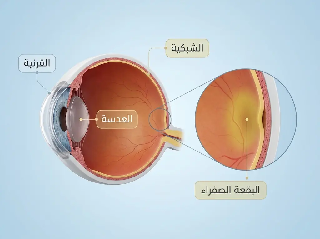 تشريح العين يوضح موقع الشبكية والبقعة الصفراء حيث يتركز اللوتين والزياكسانثين