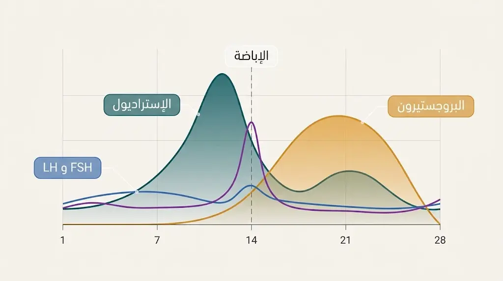منحنيات تغير هرمونات الدورة الشهرية عبر 28 يوماً