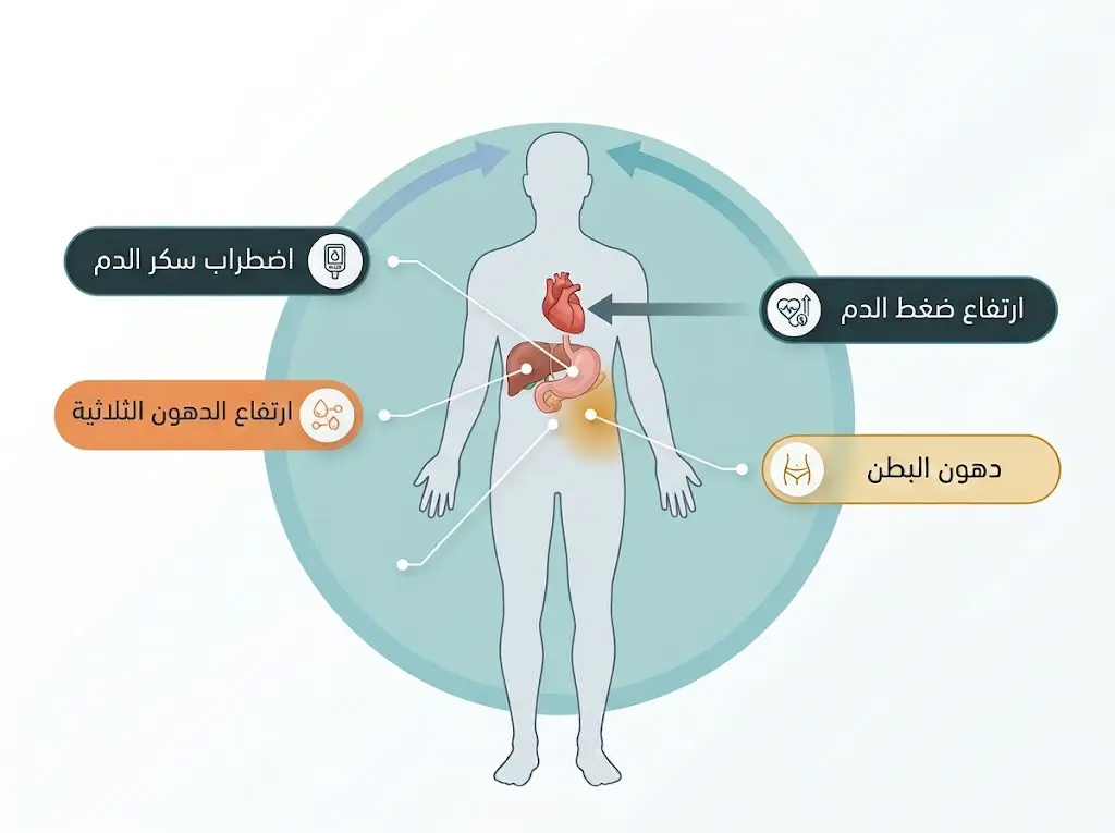 رسم طبي يوضح مكونات متلازمة الأيض الأربعة على جسم بشري
