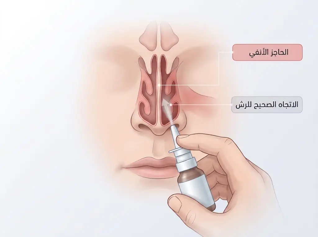 رسم توضيحي للاتجاه الصحيح لاستخدام بخاخ الكورتيزون الأنفي بعيداً عن الحاجز