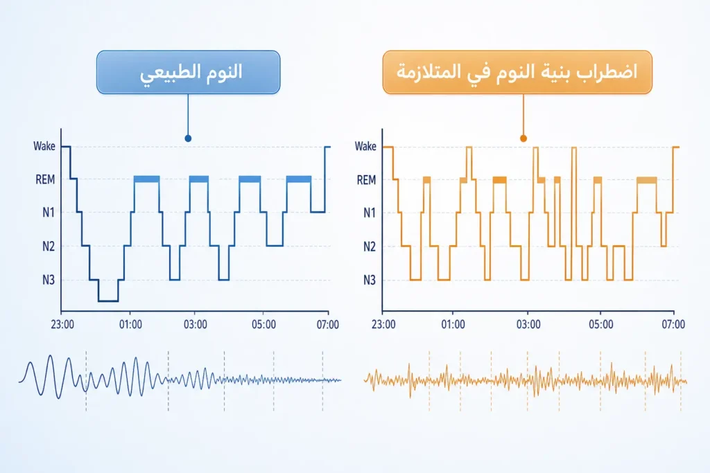 مقارنة بين بنية النوم الطبيعية واضطراب النوم في متلازمة الأرق العائلي المميت