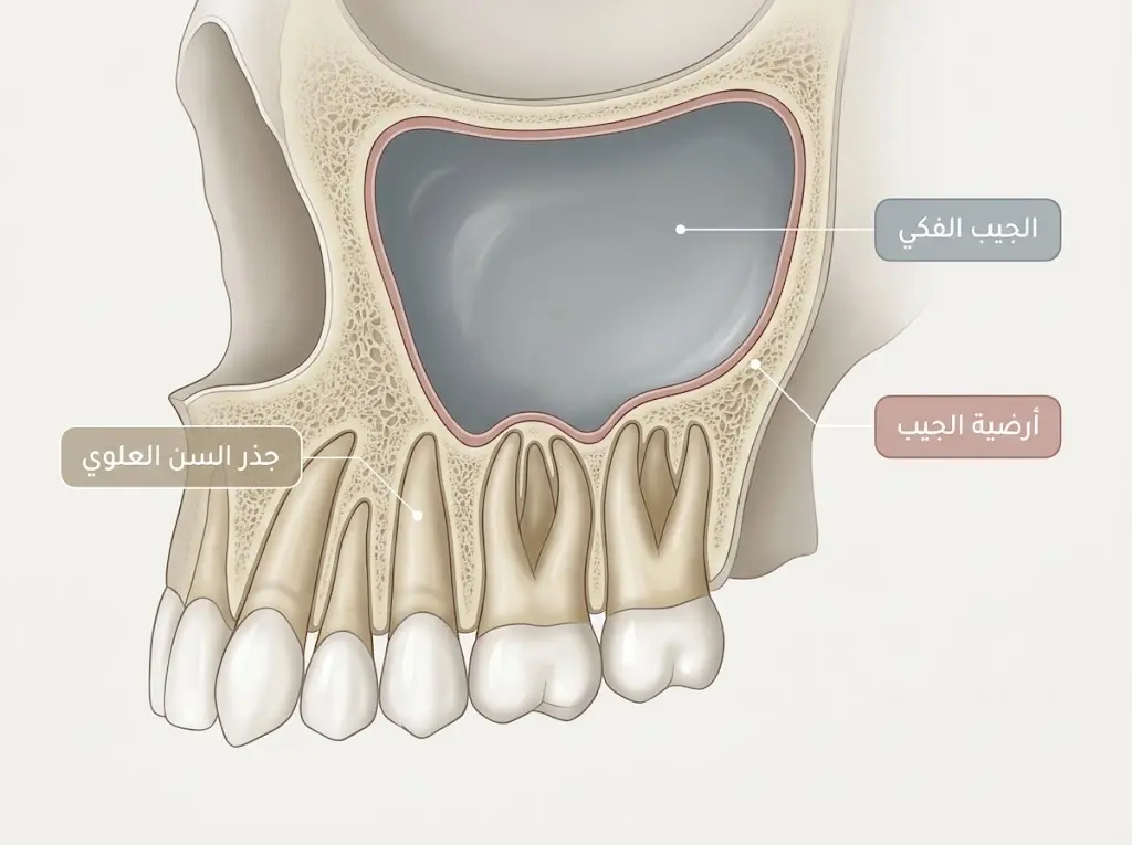 رسم تشريحي يوضح قرب جذور الأسنان العلوية من أرضية الجيب الفكي