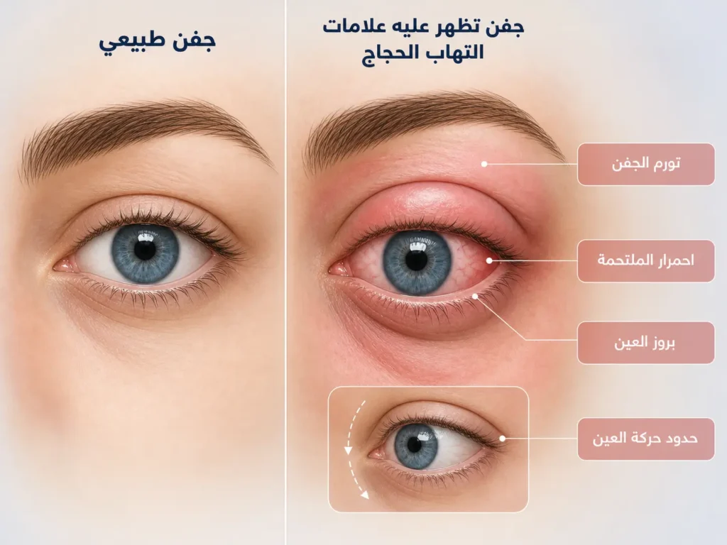 رسم طبي يوضح علامات التهاب الحجاج التحذيرية مقارنة بتورم الجفن البسيط