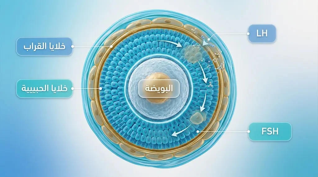 مقطع ثلاثي الأبعاد لجريب المبيض يوضح تعاون خلايا القراب وخلايا الحبيبية في تصنيع الإستروجين.